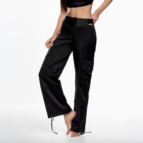 NEW Zara Black Satin cargo pants side cutout S - Picture 1 of 8